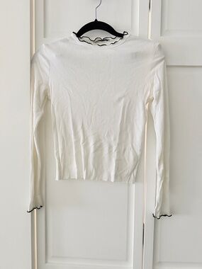 Zara White Ribbed Long Sleeve Top Size S Contrast Trim Fitted